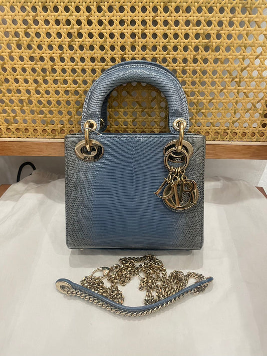 Pre-owned Certified Dior Mini Lady Dior Natural Rare Lizard Skin Blue Ombre Light Golden Hardware, 2022, w/ Full Set