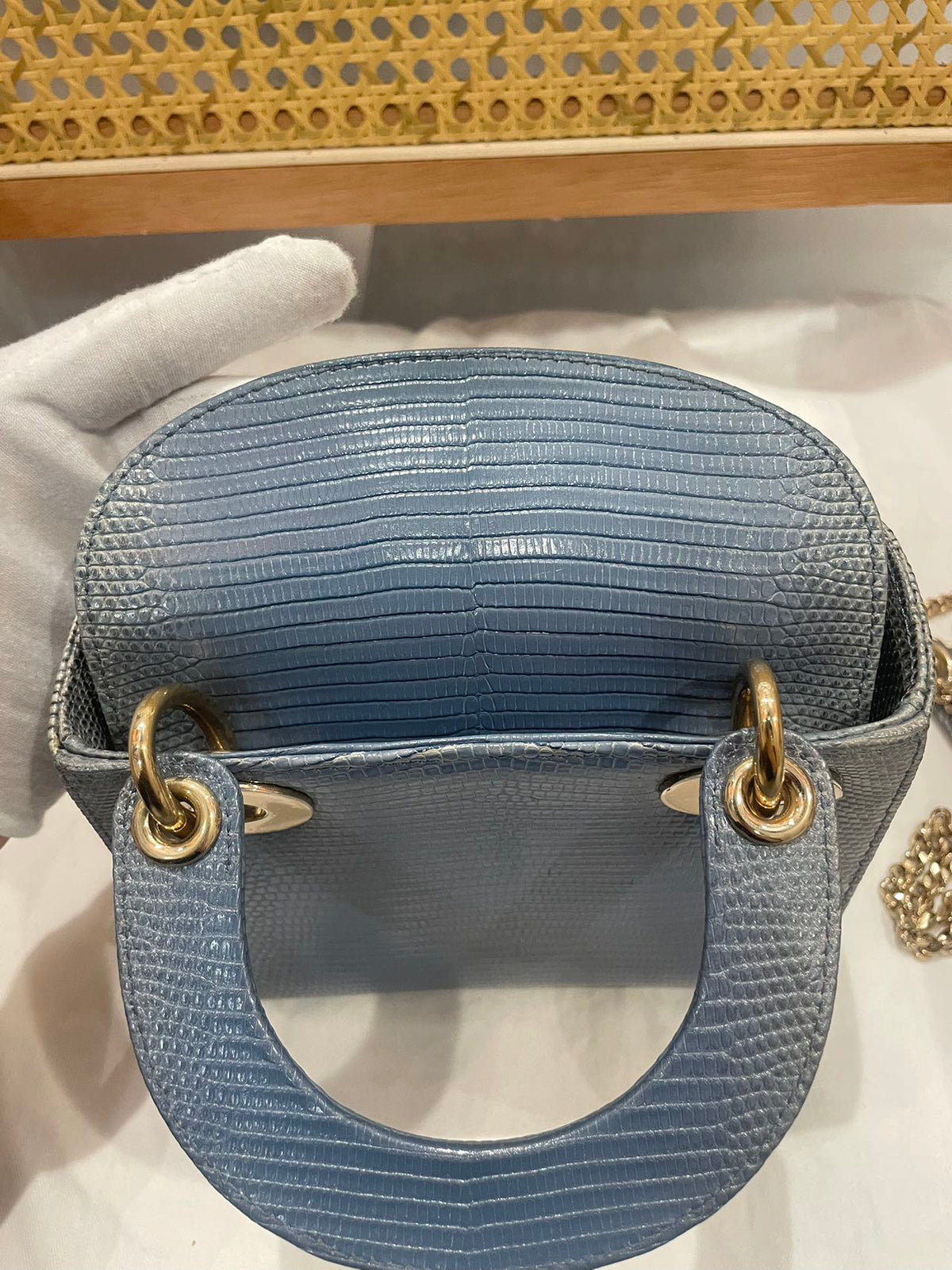 Pre-owned Certified Dior Mini Lady Dior Natural Rare Lizard Skin Blue Ombre Light Golden Hardware, 2022, w/ Full Set