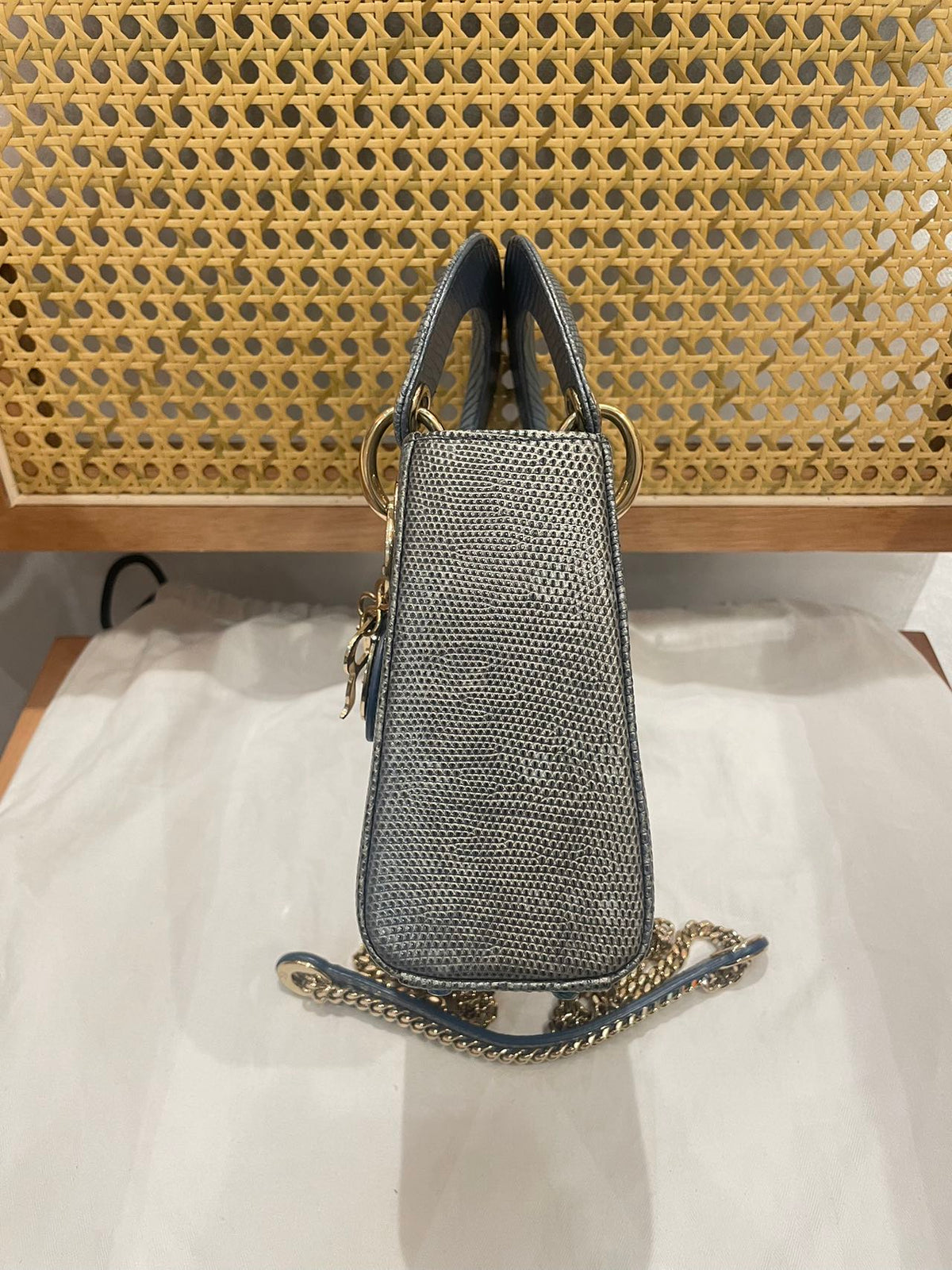 Pre-owned Certified Dior Mini Lady Dior Natural Rare Lizard Skin Blue Ombre Light Golden Hardware, 2022, w/ Full Set