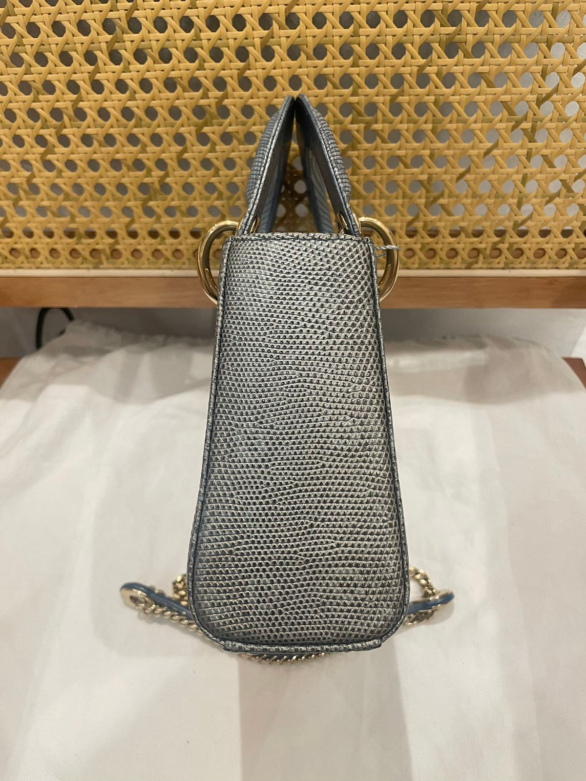 Pre-owned Certified Dior Mini Lady Dior Natural Rare Lizard Skin Blue Ombre Light Golden Hardware, 2022, w/ Full Set