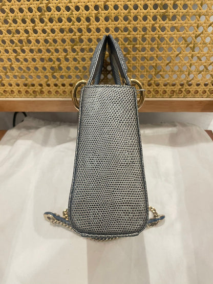 Pre-owned Certified Dior Mini Lady Dior Natural Rare Lizard Skin Blue Ombre Light Golden Hardware, 2022, w/ Full Set