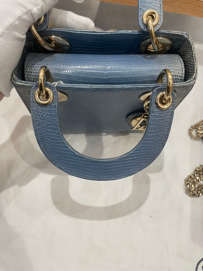 Pre-owned Certified Dior Mini Lady Dior Natural Rare Lizard Skin Blue Ombre Light Golden Hardware, 2022, w/ Full Set