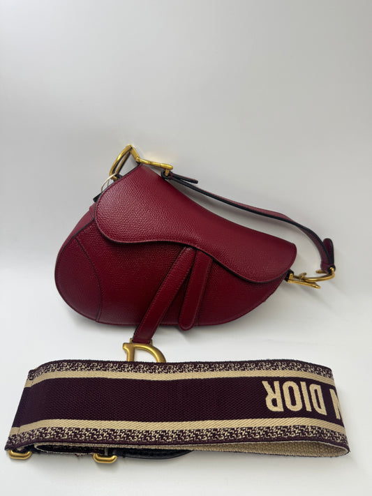 Pre-owned Certified Dior Mini Saddle Burgundy Grained Calfskin with Golden Hardware, set with Canvas Strap, 2019, w/ strap, dust bag