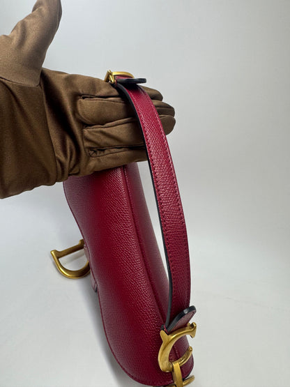Pre-owned Certified Dior Mini Saddle Burgundy Grained Calfskin with Golden Hardware, set with Canvas Strap, 2019, w/ strap, dust bag