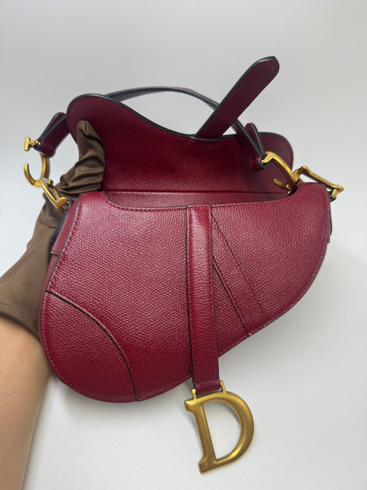 Pre-owned Certified Dior Mini Saddle Burgundy Grained Calfskin with Golden Hardware, set with Canvas Strap, 2019, w/ strap, dust bag