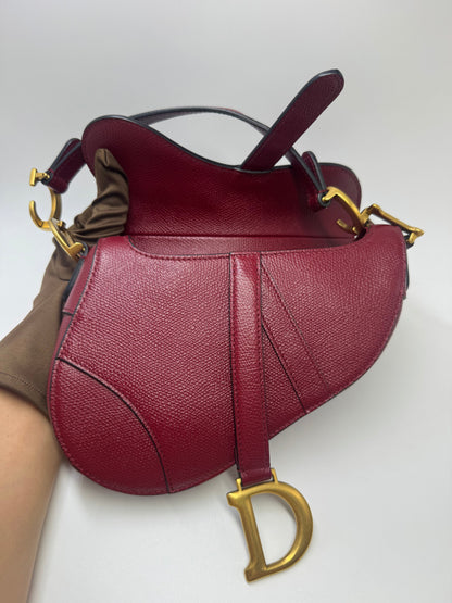 Pre-owned Certified Dior Mini Saddle Burgundy Grained Calfskin with Golden Hardware, set with Canvas Strap, 2019, w/ strap, dust bag