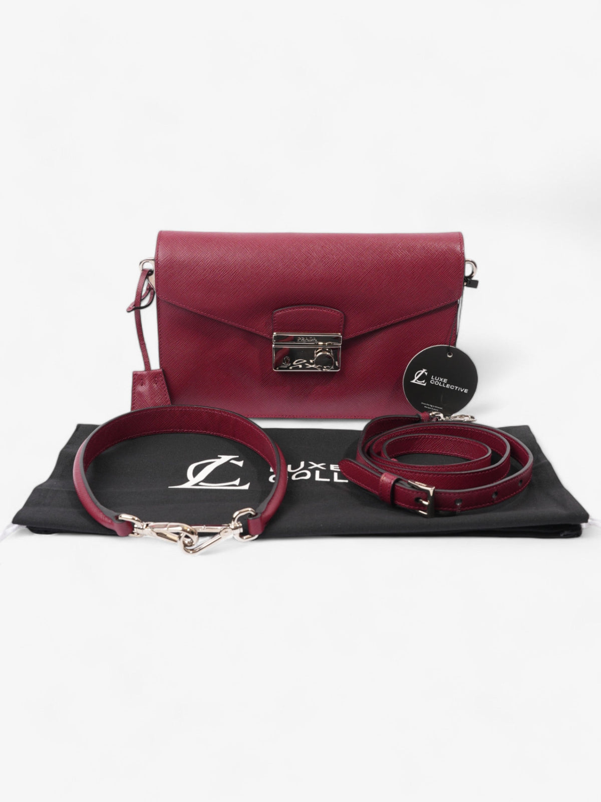 Prada Sound Two Way Bag Burgundy Saffiano Leather