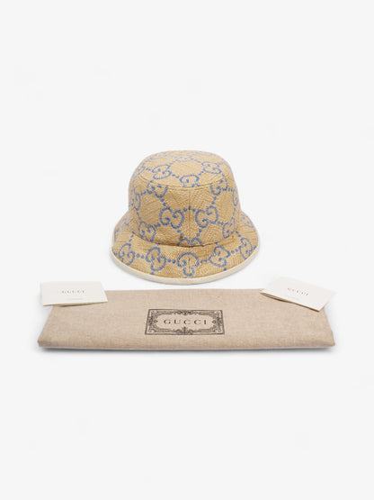 Gucci GG Raffia Effect Bucket Hat Natural / Blue Polyamide Large
