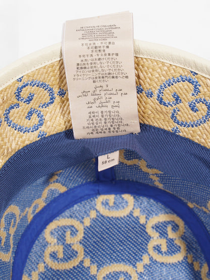 Gucci GG Raffia Effect Bucket Hat Natural / Blue Polyamide Large