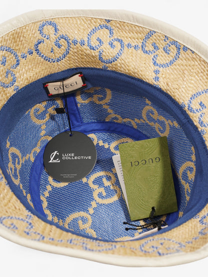 Gucci GG Raffia Effect Bucket Hat Natural / Blue Polyamide Large