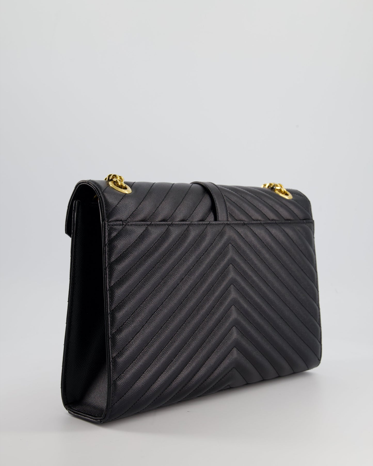Saint Laurent Black Envelope Shoulder Bag in Grained Calfskin With Gold Hardware
