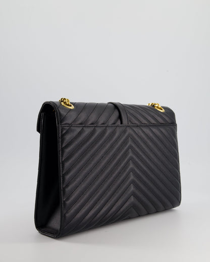 Saint Laurent Black Envelope Shoulder Bag in Grained Calfskin With Gold Hardware