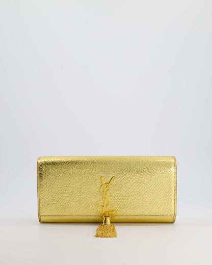 Saint Laurent Gold Python Embossed Leather Kate Clutch Bag with Gold Hardware and Tassel Chain Detail
