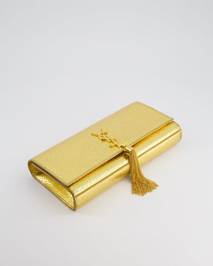 Saint Laurent Gold Python Embossed Leather Kate Clutch Bag with Gold Hardware and Tassel Chain Detail