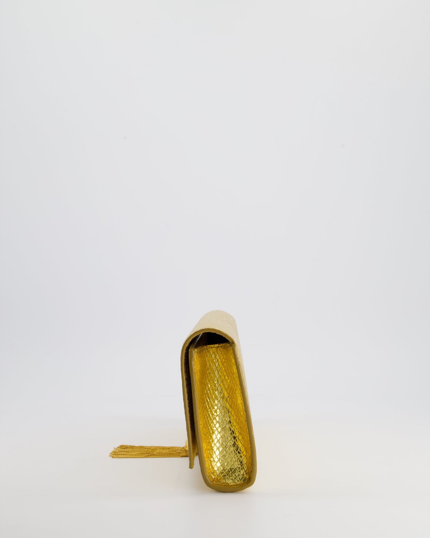 Saint Laurent Gold Python Embossed Leather Kate Clutch Bag with Gold Hardware and Tassel Chain Detail