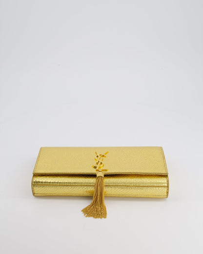 Saint Laurent Gold Python Embossed Leather Kate Clutch Bag with Gold Hardware and Tassel Chain Detail