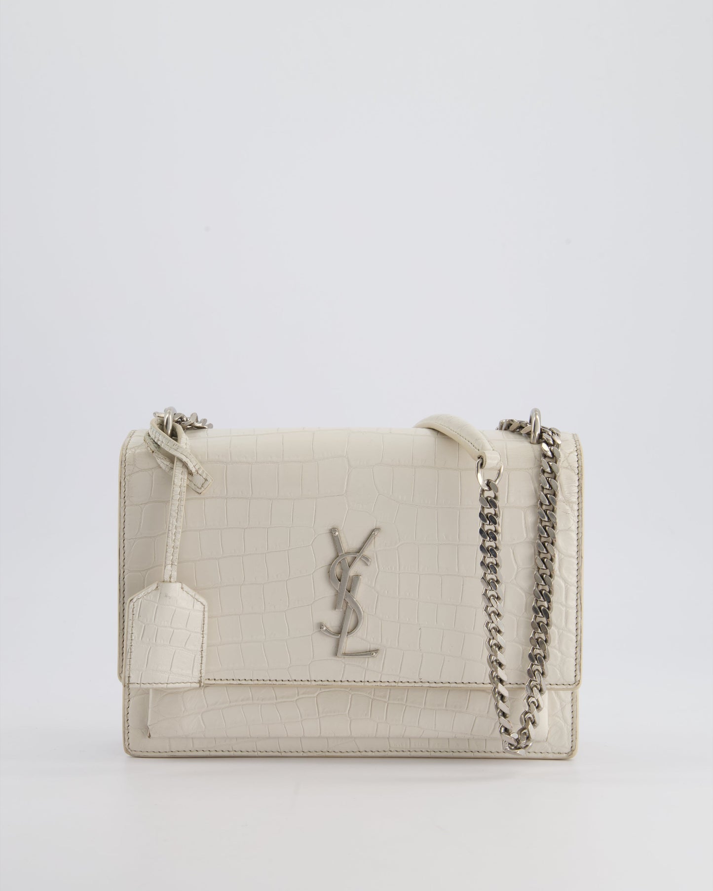 Saint Laurent Ivory Croc-Embossed Small Sunset Bag with Silver Hardware