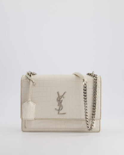 Saint Laurent Ivory Croc-Embossed Small Sunset Bag with Silver Hardware