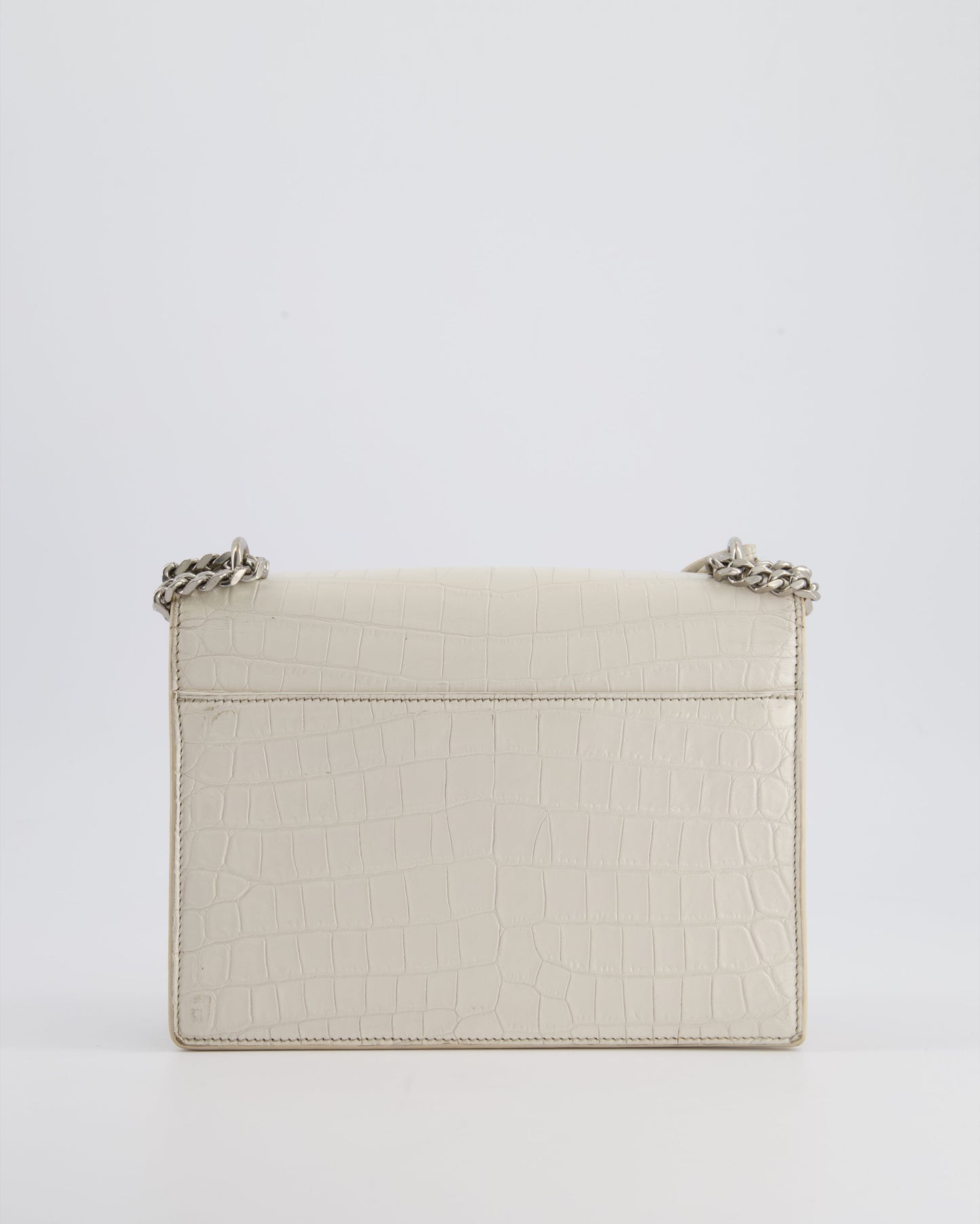 Saint Laurent Ivory Croc-Embossed Small Sunset Bag with Silver Hardware