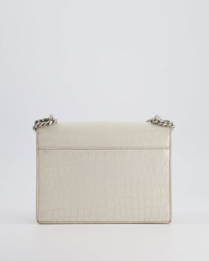 Saint Laurent Ivory Croc-Embossed Small Sunset Bag with Silver Hardware