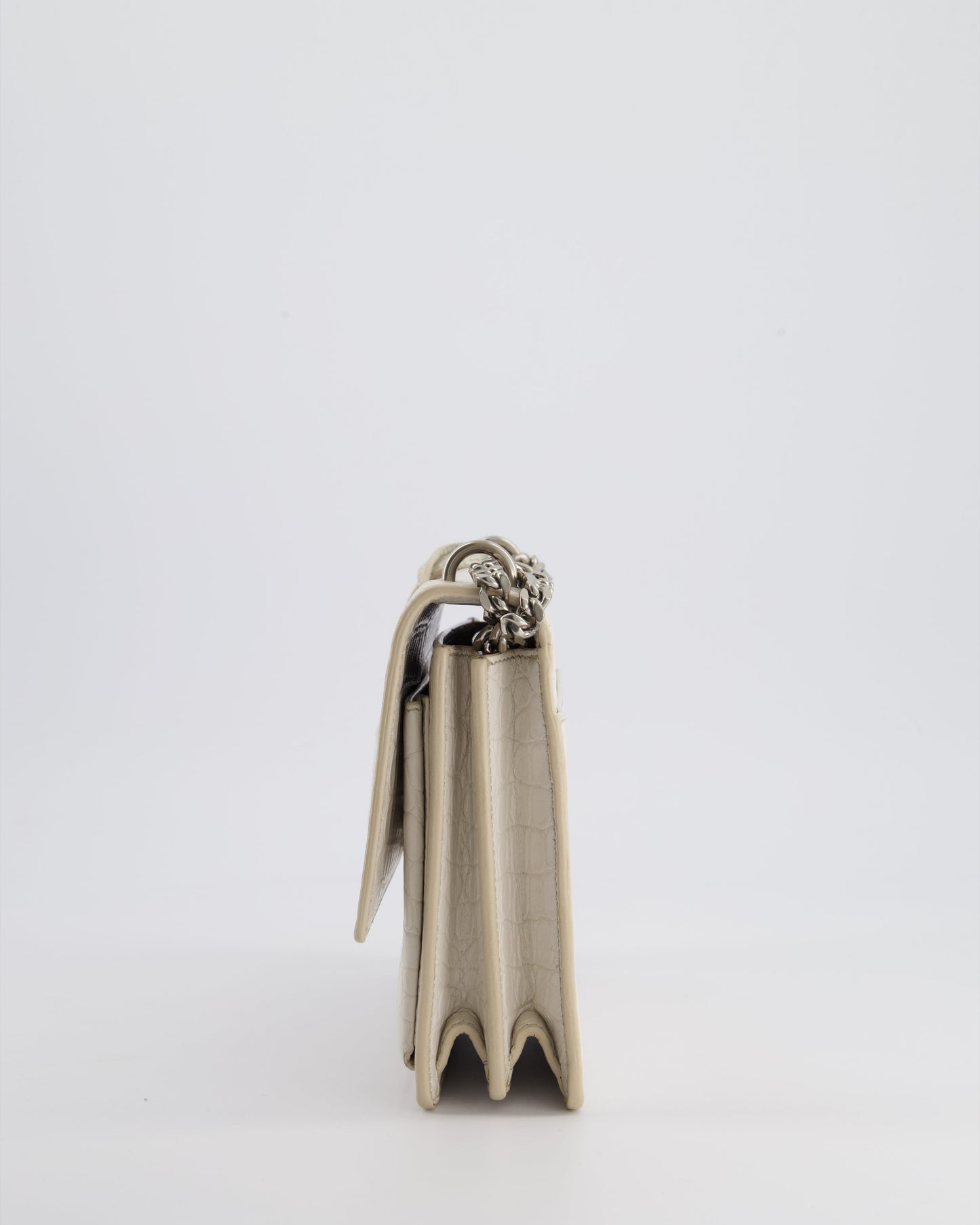 Saint Laurent Ivory Croc-Embossed Small Sunset Bag with Silver Hardware