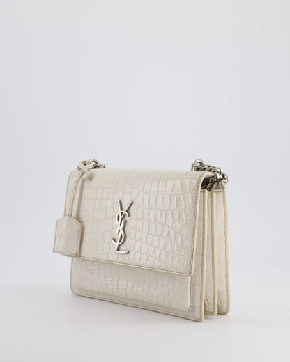 Saint Laurent Ivory Croc-Embossed Small Sunset Bag with Silver Hardware