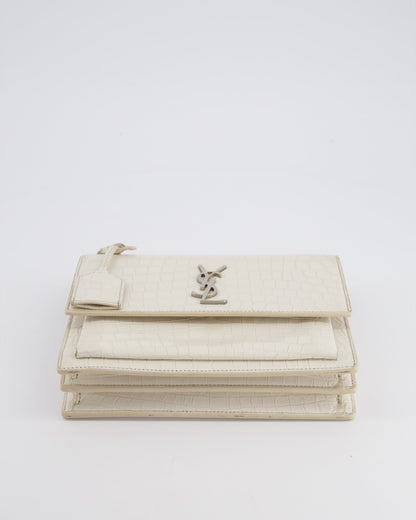 Saint Laurent Ivory Croc-Embossed Small Sunset Bag with Silver Hardware