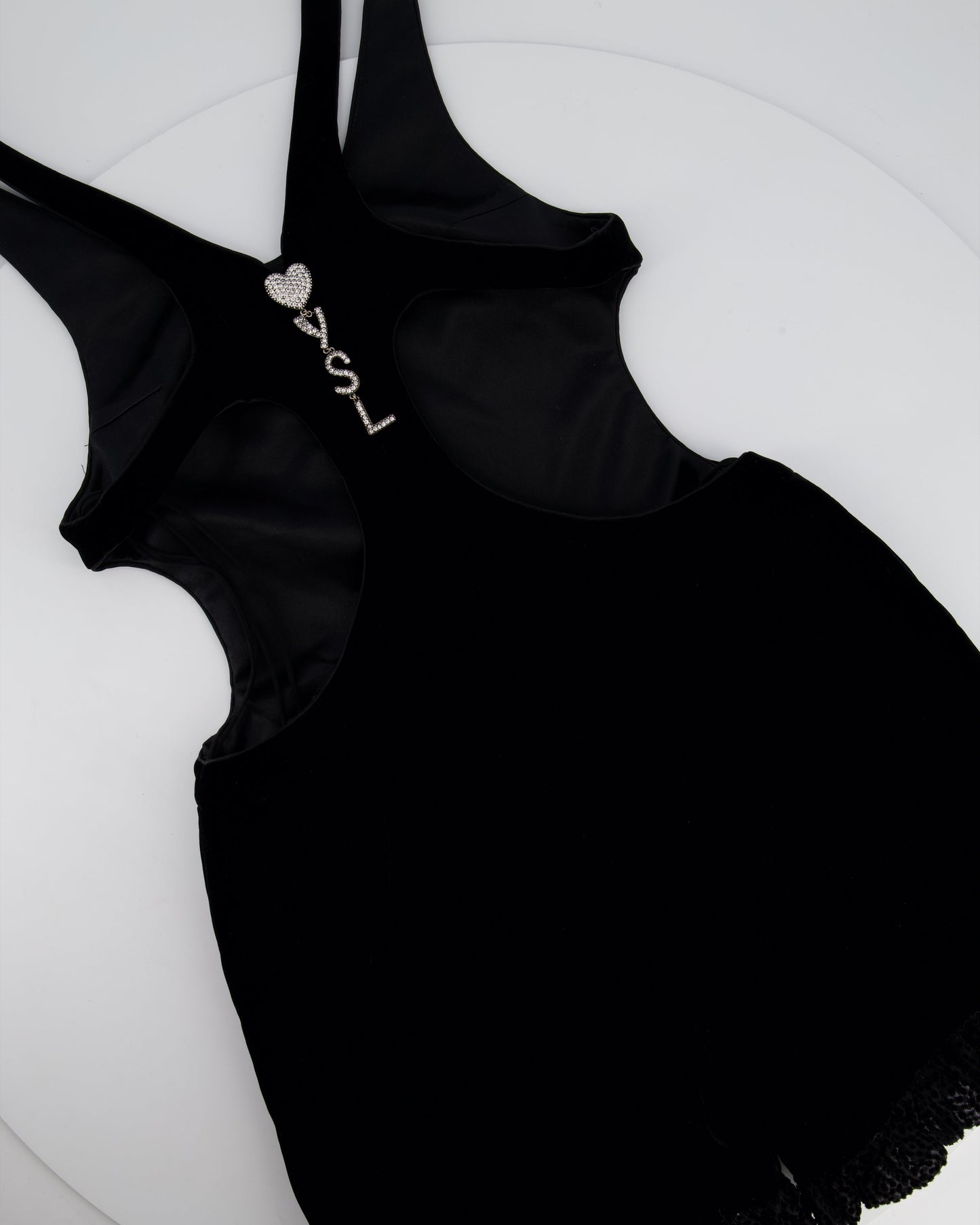 Saint Laurent Black Velvet Mini Sleeveless Playsuit with Crystal Heart and YSL Zip Detail Size FR 36 (UK 8)