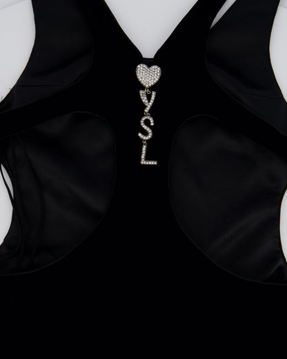 Saint Laurent Black Velvet Mini Sleeveless Playsuit with Crystal Heart and YSL Zip Detail Size FR 36 (UK 8)
