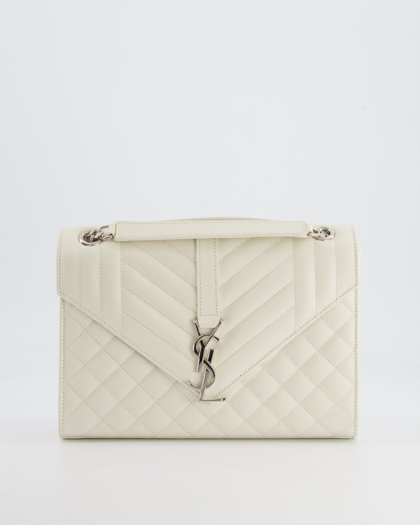 Saint Laurent Chalk White Medium Envelope Bag in Grained Leather with Silver YSL Logo RRP £2,235