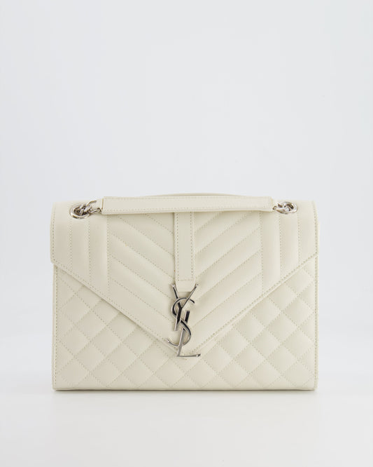 Saint Laurent Chalk White Medium Envelope Bag in Grained Leather with Silver YSL Logo RRP £2,235