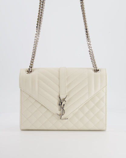 Saint Laurent Chalk White Medium Envelope Bag in Grained Leather with Silver YSL Logo RRP £2,235