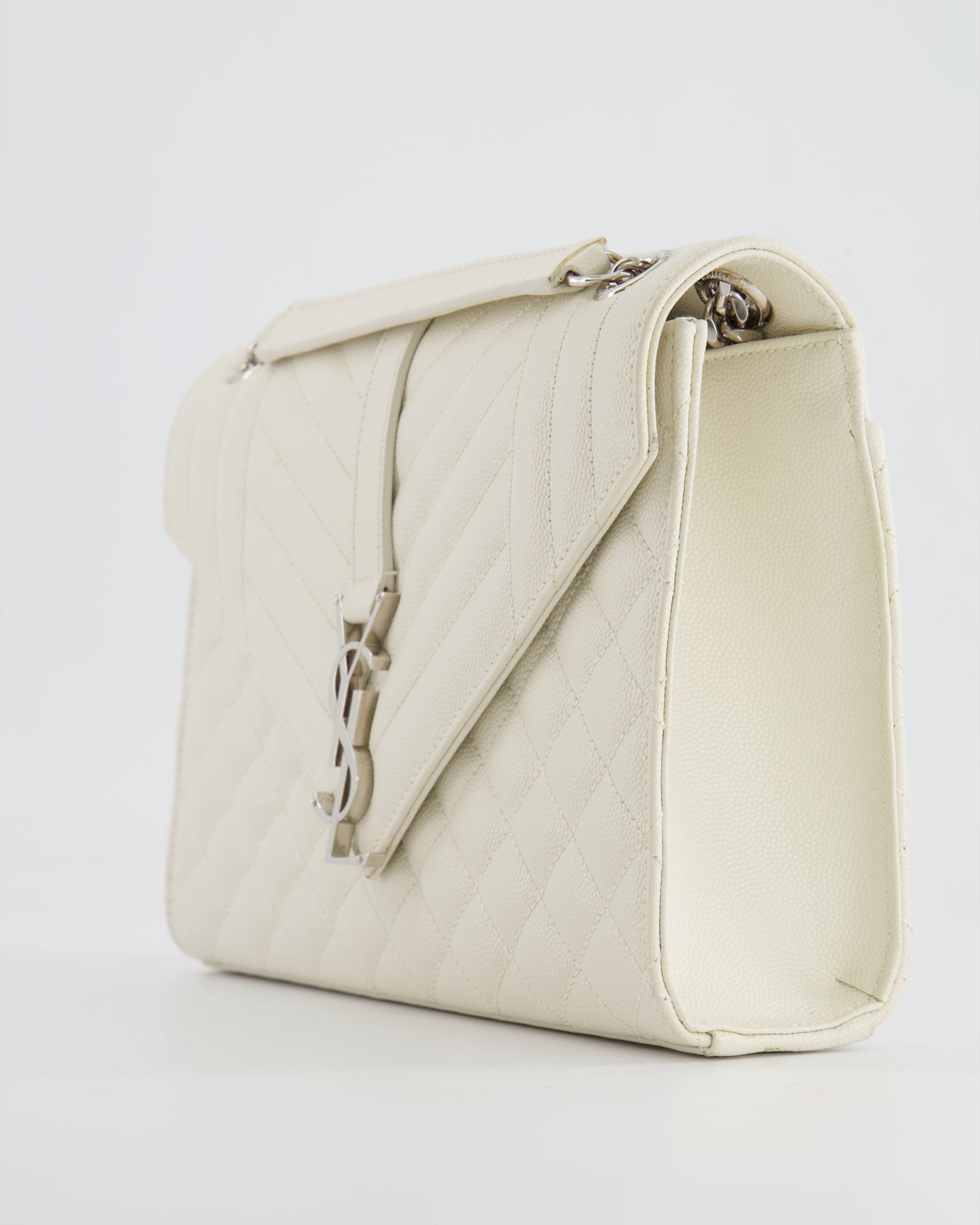 Saint Laurent Chalk White Medium Envelope Bag in Grained Leather with Silver YSL Logo RRP £2,235