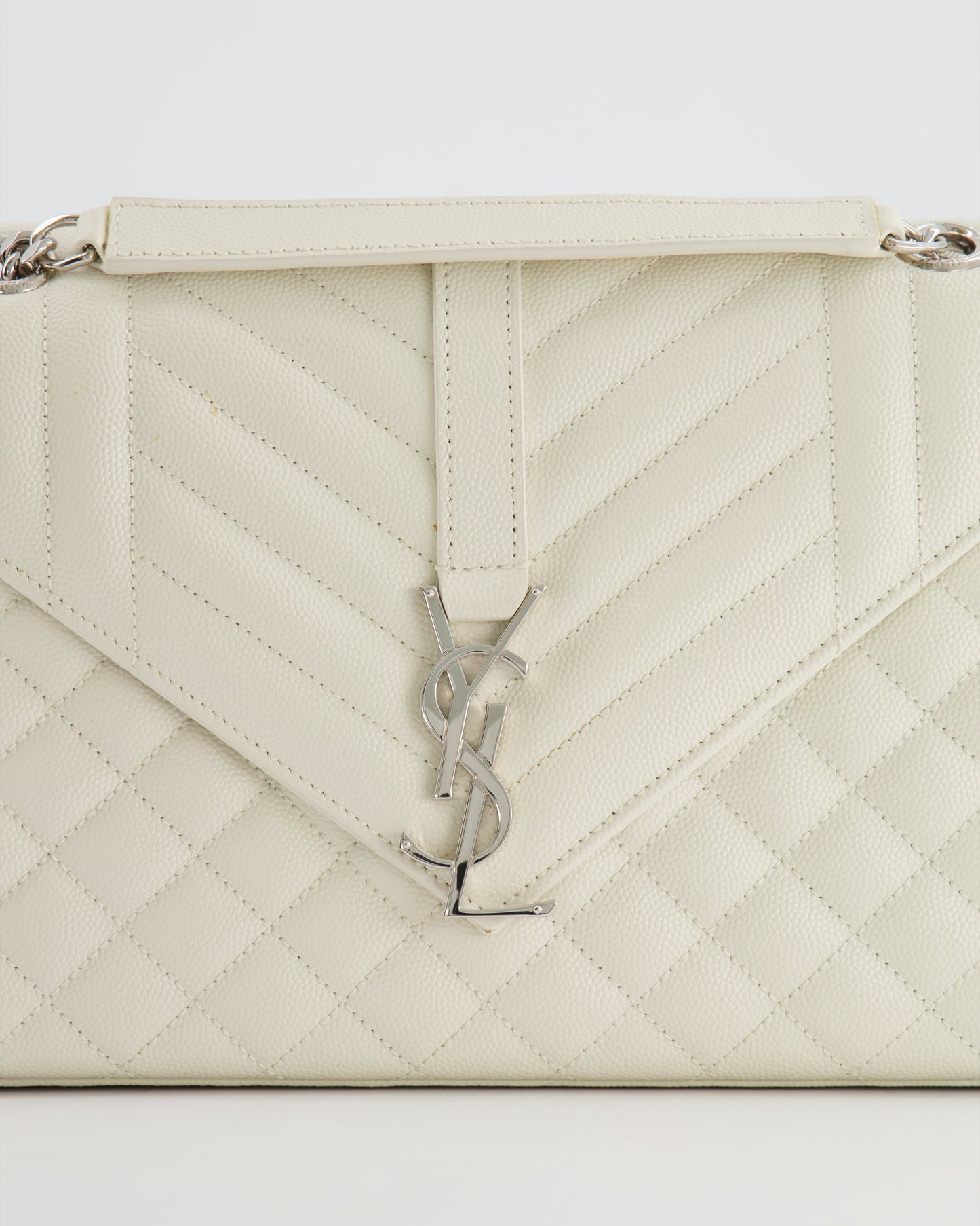 Saint Laurent Chalk White Medium Envelope Bag in Grained Leather with Silver YSL Logo RRP £2,235