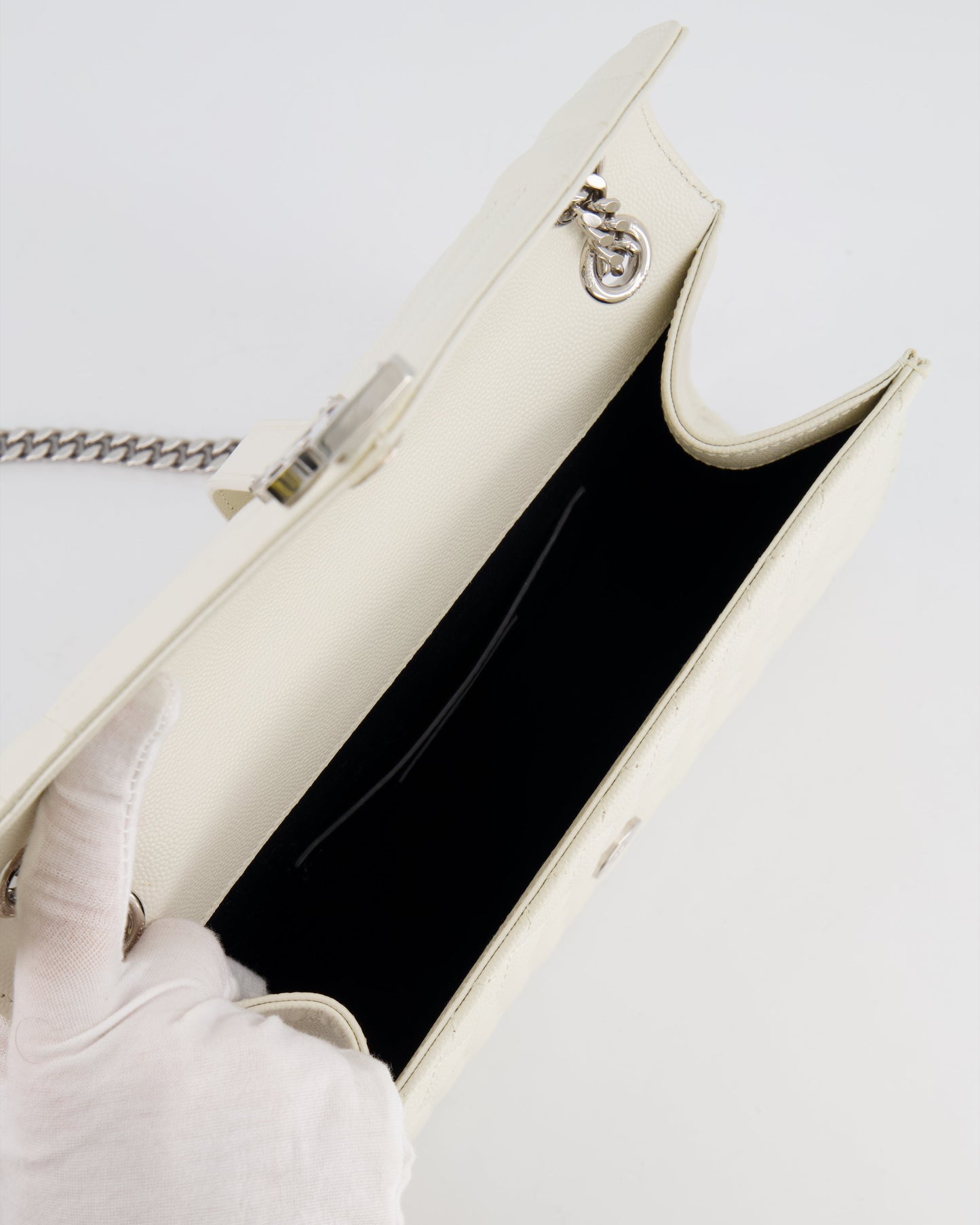 Saint Laurent Chalk White Medium Envelope Bag in Grained Leather with Silver YSL Logo RRP £2,235