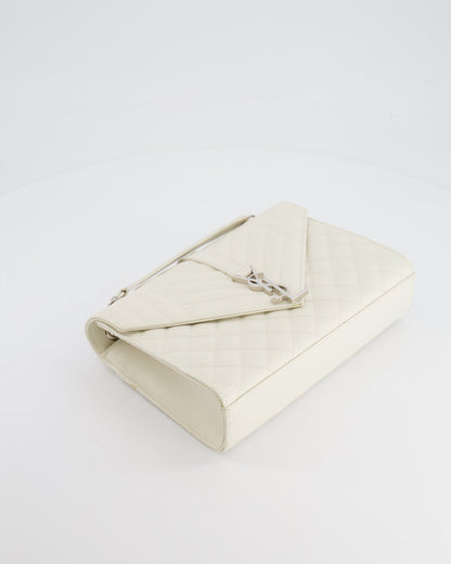 Saint Laurent Chalk White Medium Envelope Bag in Grained Leather with Silver YSL Logo RRP £2,235