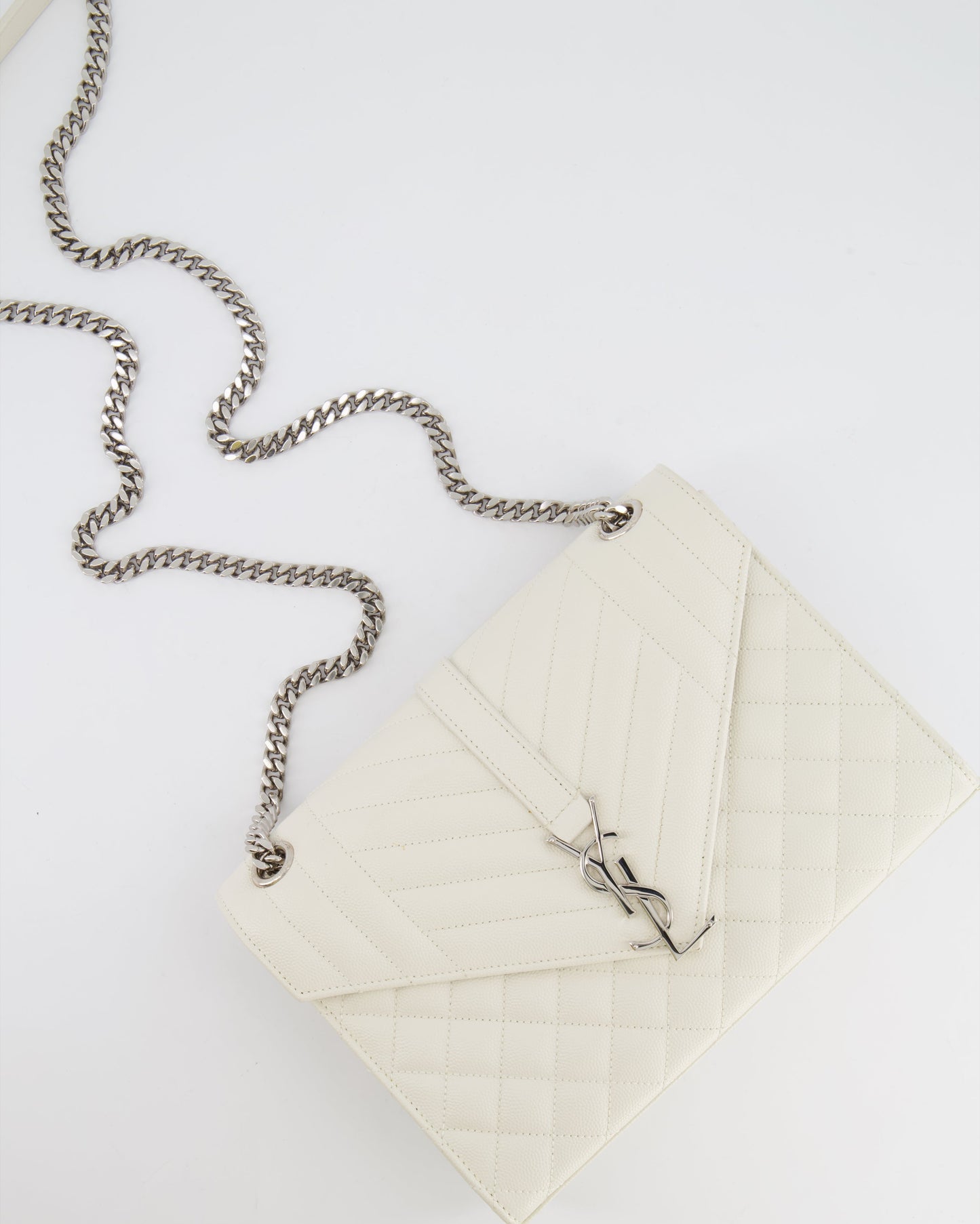 Saint Laurent Chalk White Medium Envelope Bag in Grained Leather with Silver YSL Logo RRP £2,235