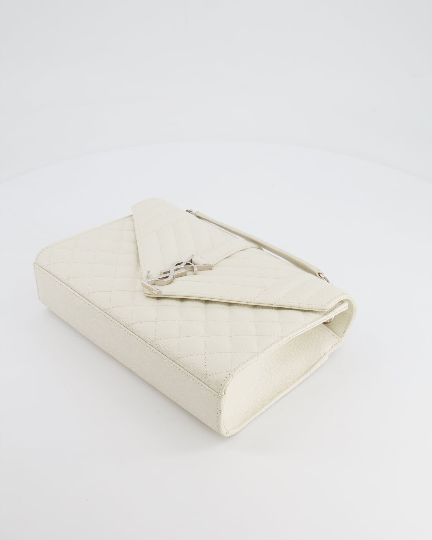 Saint Laurent Chalk White Medium Envelope Bag in Grained Leather with Silver YSL Logo RRP £2,235