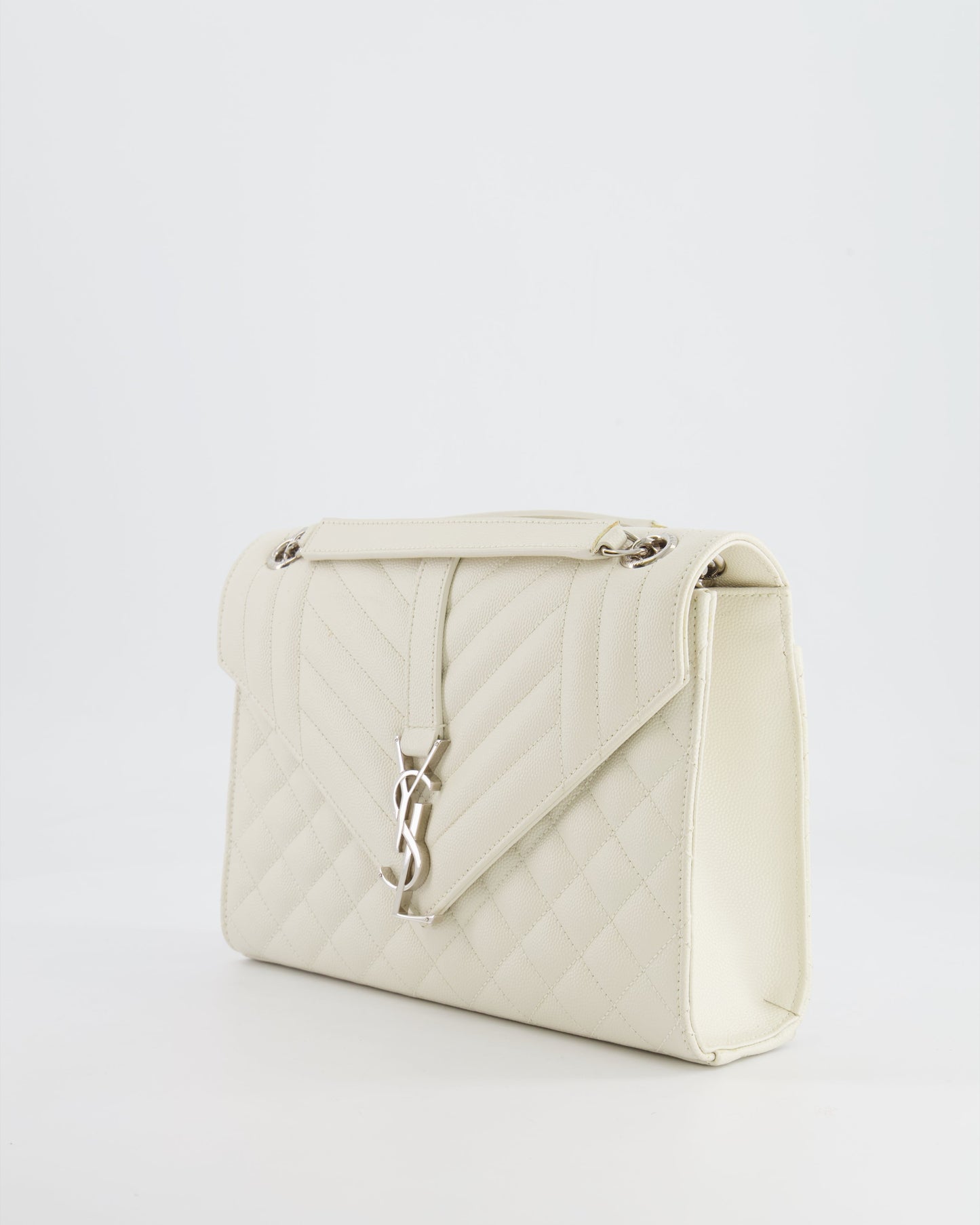 Saint Laurent Chalk White Medium Envelope Bag in Grained Leather with Silver YSL Logo RRP £2,235