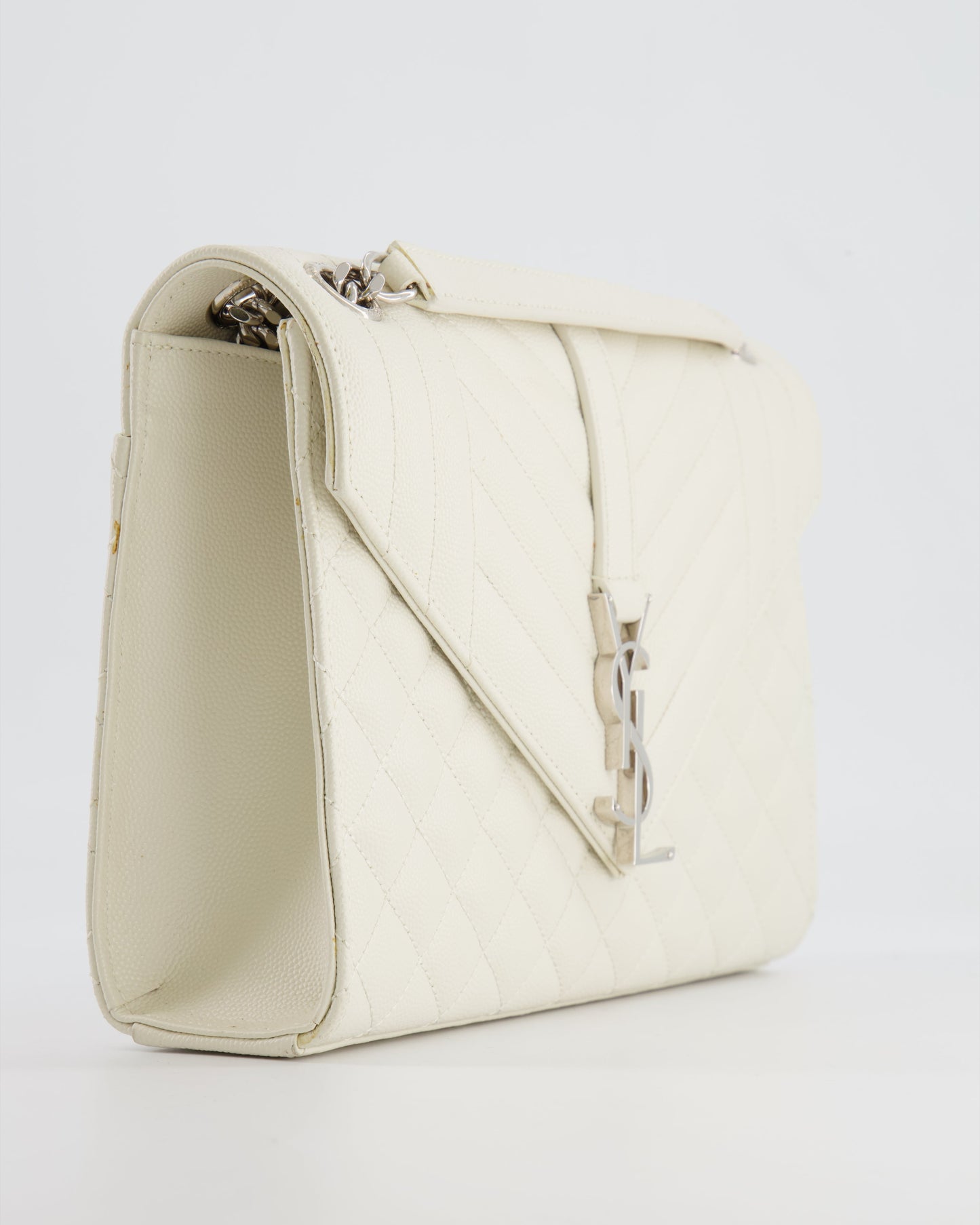 Saint Laurent Chalk White Medium Envelope Bag in Grained Leather with Silver YSL Logo RRP £2,235
