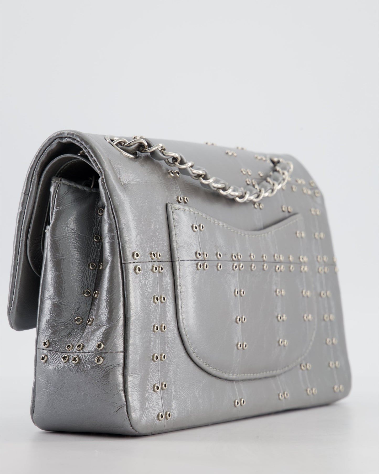 Chanel Silver Medium Airline Double Flap Bag in Glazed Calfskin with Grommet Embellishment Detail and Silver Hardware