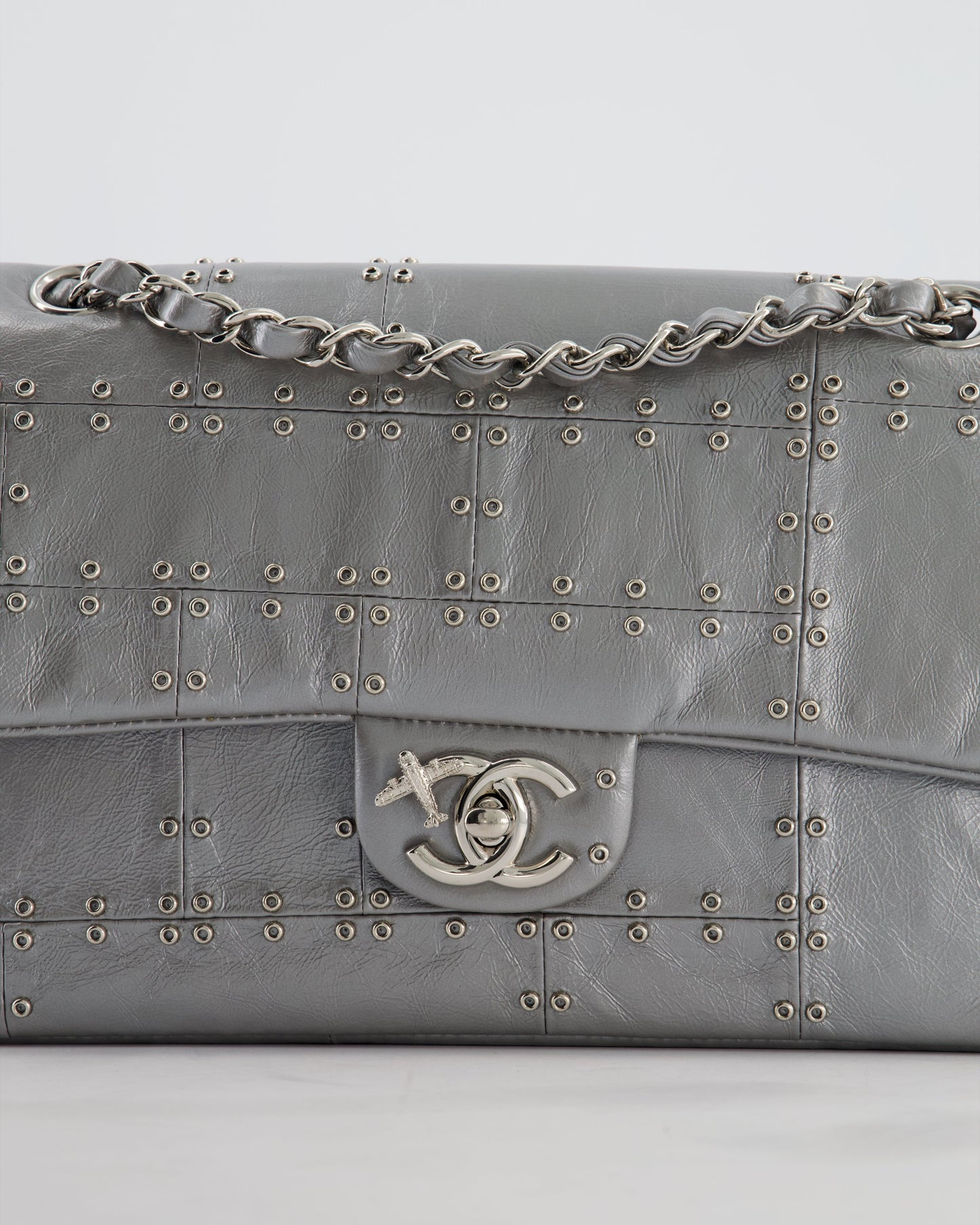 Chanel Silver Medium Airline Double Flap Bag in Glazed Calfskin with Grommet Embellishment Detail and Silver Hardware