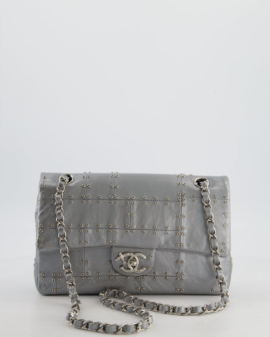 Chanel Silver Medium Airline Double Flap Bag in Glazed Calfskin with Grommet Embellishment Detail and Silver Hardware