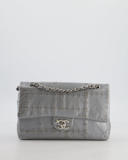 Chanel Silver Medium Airline Double Flap Bag in Glazed Calfskin with Grommet Embellishment Detail and Silver Hardware
