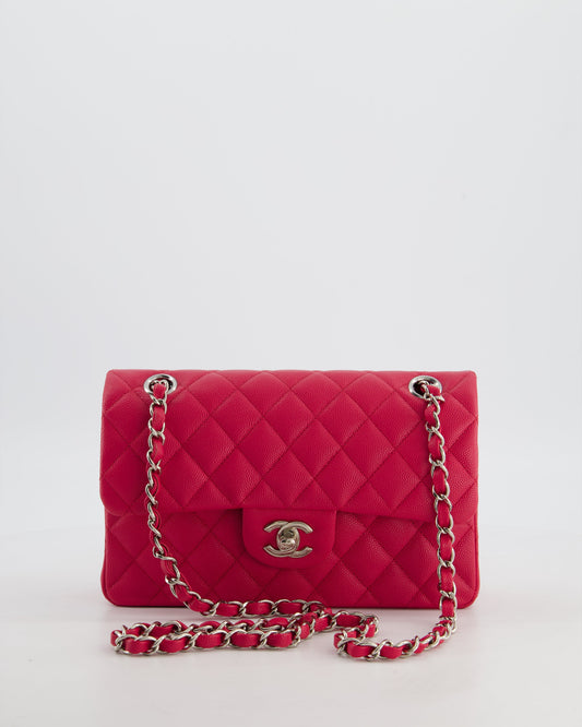 Chanel Fuchsia Pink Small Classic Double Flap Bag Caviar Leather with Silver Hardware