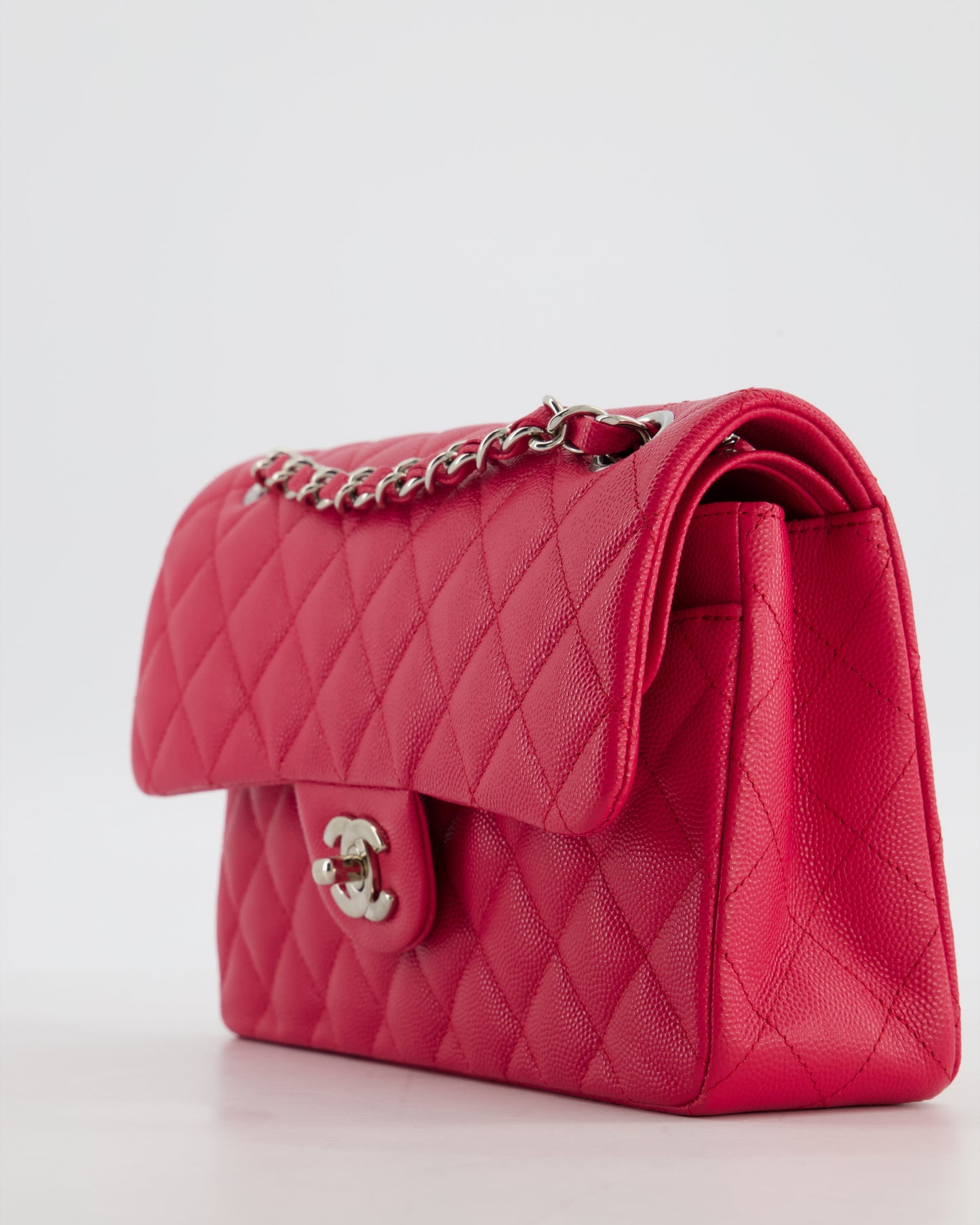 Chanel Fuchsia Pink Small Classic Double Flap Bag Caviar Leather with Silver Hardware