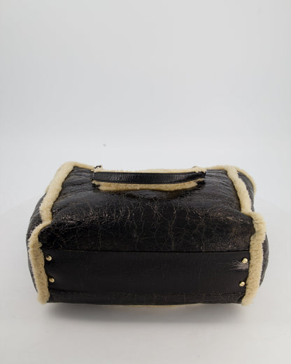 Chanel Black Shiny Crumpled Shearling CC Mania Deauville Tote Bag with Champagne Gold Hardware
