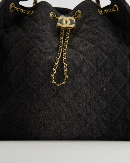 Chanel Medium 25 Hobo Bag in Black Quilted Denim with Brushed Gold Hardware