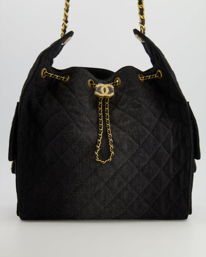 Chanel Medium 25 Hobo Bag in Black Quilted Denim with Brushed Gold Hardware