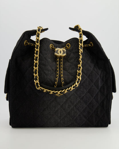 Chanel Medium 25 Hobo Bag in Black Quilted Denim with Brushed Gold Hardware